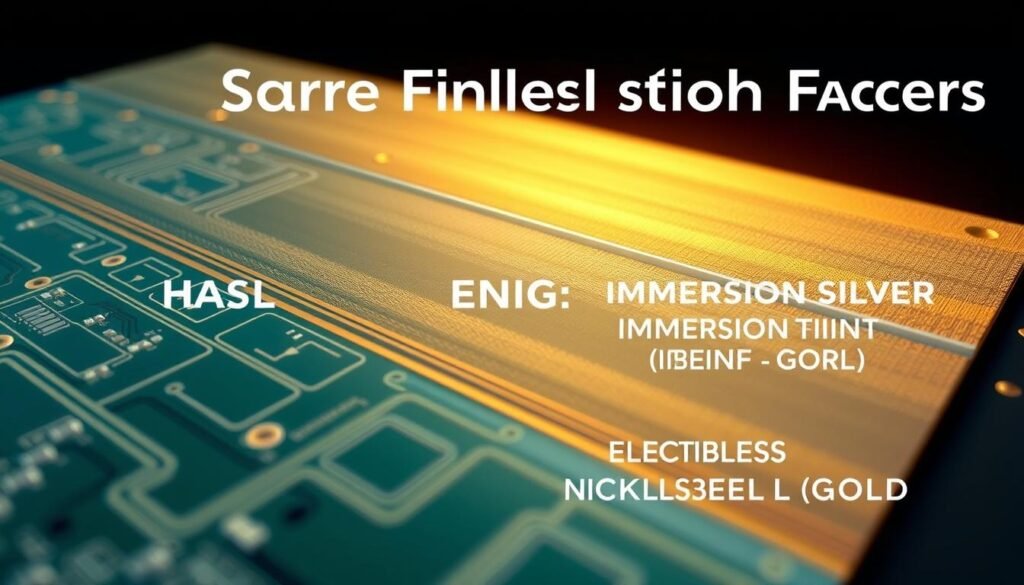 A highly detailed, technically accurate illustration of a printed circuit board (PCB) surface finish selection factors. The scene depicts a close-up view of a PCB surface, showcasing various surface finish options such as HASL, ENIG, IMMERSION SILVER, and ELECTROLESS NICKEL IMMERSION GOLD (ENIG). The image should convey the technical aspects and performance characteristics of each finish, with clear visual distinctions between them. Crisp, high-resolution rendering with precise textures, colors, and lighting to emphasize the subject matter. The overall mood should be informative and educational, guiding the viewer through the key considerations for choosing the appropriate PCB surface finish.