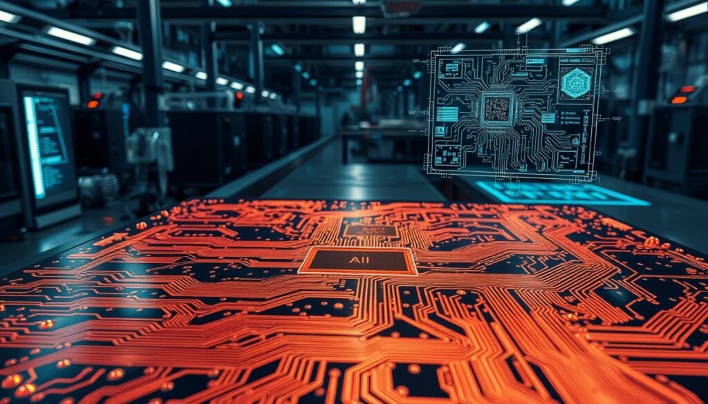 A highly detailed, technically accurate illustration of an AI-enhanced printed circuit board (PCB) routing process. The foreground showcases a complex, multi-layered PCB with intricate copper traces and vias, dynamically routed by an advanced AI algorithm. The middle ground features a schematic representation of the AI routing engine, with neural networks and data visualizations. The background depicts a futuristic manufacturing facility, with robotic assembly lines and holographic interfaces. Dramatic lighting casts sharp shadows, emphasizing the advanced technology at work. The scene conveys a sense of precision, innovation, and the seamless integration of artificial intelligence in modern PCBA production.