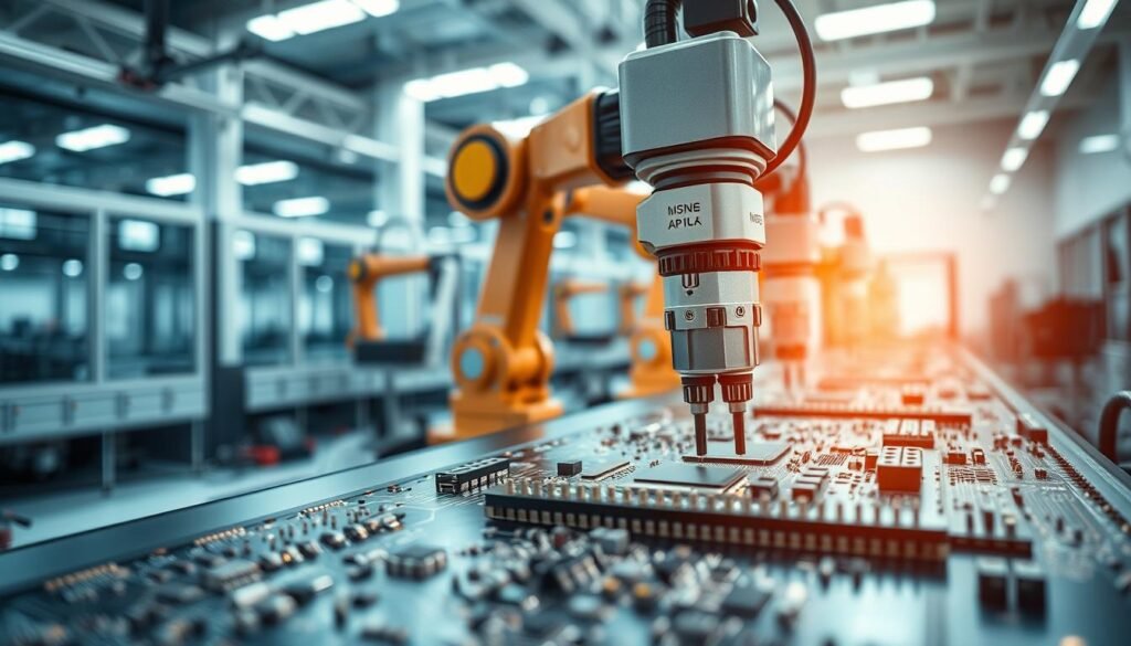 A highly detailed, technologically sophisticated scene of the surface mount technology (SMT) assembly process. In the foreground, a precision robotic arm delicately places electronic components onto a printed circuit board (PCB), its movements captured in crisp detail under bright, directional lighting. In the middle ground, other robotic systems solder the components, their precise actions depicted through a shallow depth of field. The background showcases the clean, organized environment of a state-of-the-art SMT production facility, with rows of high-tech equipment and clean, minimalist architecture. The overall atmosphere conveys the meticulous, high-stakes nature of the SMT assembly process, where tiny tolerances and flawless execution are critical.