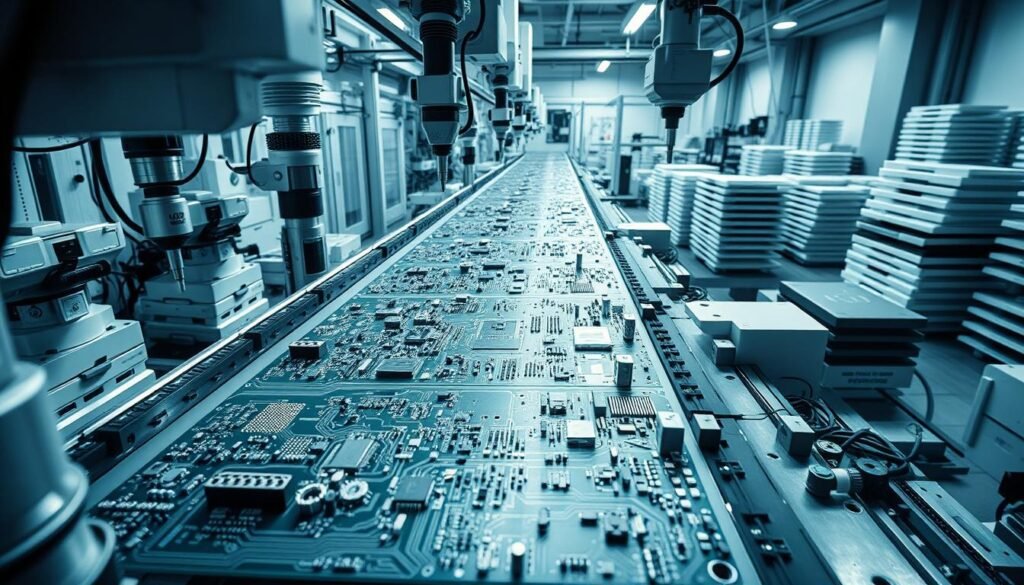 A highly efficient PCB assembly line, with automated pick-and-place machines precisely installing components on a sleek, metallic PCB panel. The scene is bathed in cool, directional lighting, casting crisp shadows that highlight the intricate layout and dense population of surface-mount devices. In the foreground, robotic arms meticulously solder connections, while in the middle ground, inspection cameras scrutinize the assembly for defects. The background showcases a clean, organized workspace with neatly stacked components and tooling, conveying a sense of streamlined productivity and attention to detail essential for mass PCB production.