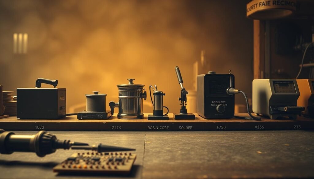 A historical timeline of soldering techniques, showcased in a dimly lit workshop setting. In the foreground, a vintage soldering iron and a set of early electronic components. In the middle ground, a progression of soldering tools from the past century, including a rosin-core solder pot and a wave soldering machine. The background depicts a hazy, sepia-toned atmosphere, evoking a sense of industrial nostalgia. The lighting is warm and muted, casting a soft glow over the scene, highlighting the evolution of soldering methods and the craftsmanship behind them. The composition emphasizes the transition from manual to automated soldering techniques, reflecting the advancements in electronics manufacturing over time.