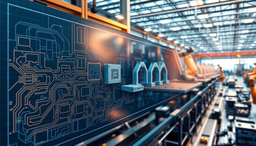A meticulously arranged timeline showcasing the intricate stages of PCB production. In the foreground, a blueprint-style schematic lays out the sequential steps, from circuit board design to final assembly, illuminated by warm industrial lighting. The middle ground features precise 3D models of the manufacturing process, conveying the technical complexity through sleek, high-detail renderings. In the background, a panoramic view of a modern PCB fabrication facility, bustling with robotic arms, precision tooling, and a sense of technological prowess. The overall atmosphere evokes a harmonious blend of engineering expertise and the orchestrated choreography of state-of-the-art PCB production.