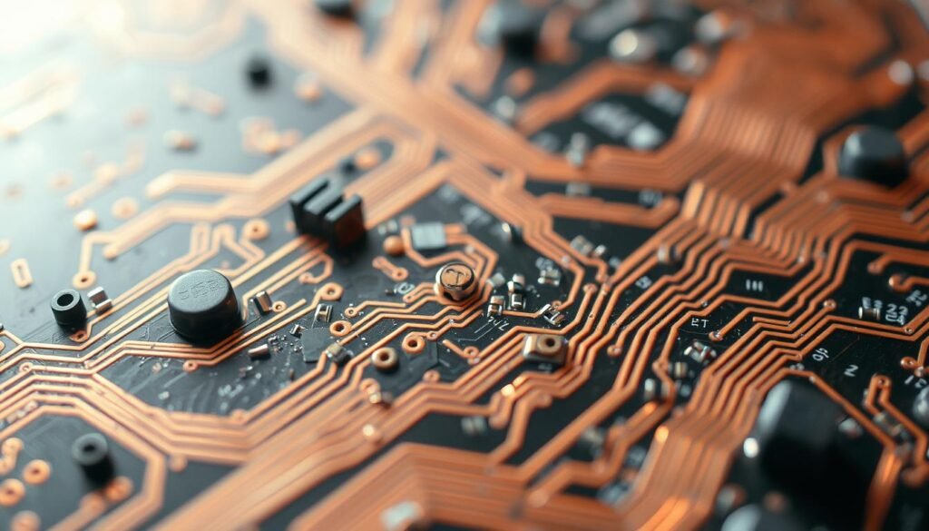 A meticulously crafted printed circuit board, its surface marred by manufacturing defects, lies under the scrutiny of a high-resolution macro lens. Uneven solder joints, misaligned components, and traces of oxidation interrupt the intricate web of copper pathways. The scene is bathed in a soft, diffused light, revealing the subtle textures and imperfections of the Informic Electronics PCB. This image showcases the importance of rigorous quality control in the PCBA manufacturing process, where even the smallest flaws can compromise the performance and reliability of the final product.