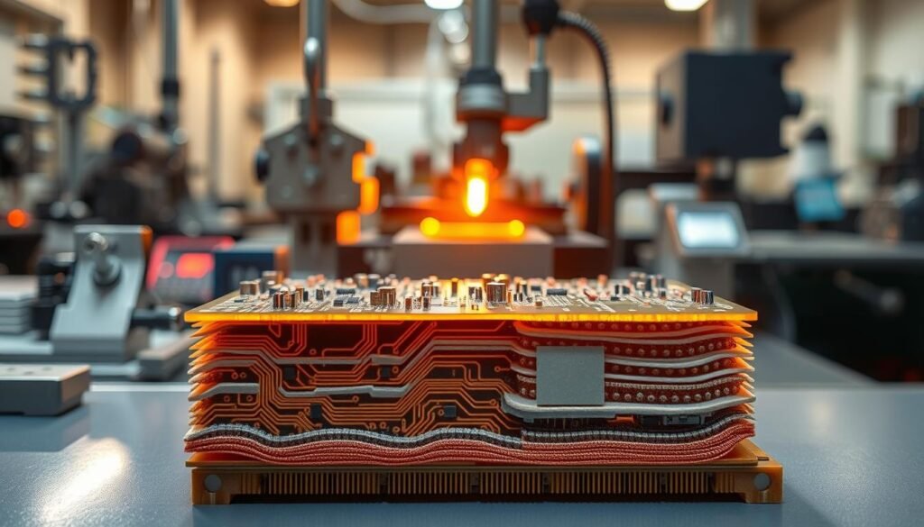 A meticulously crafted printed circuit board material, illuminated by warm, directional lighting, showcasing the intricate layers and textures. In the foreground, a cross-section reveals the diverse materials, including copper traces, glass-reinforced epoxy laminates, and protective solder masks. The middle ground features various fabrication tools and processes, such as precision drilling, etching, and surface finishing. The background depicts a clean, technical environment, emphasizing the importance of quality control and attention to detail in PCB manufacturing.