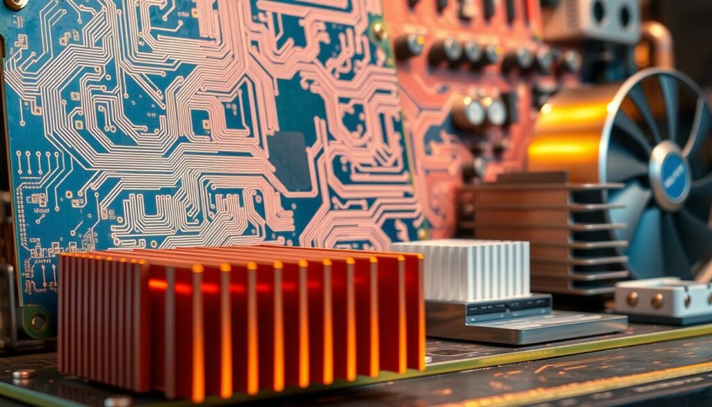 A meticulously designed printed circuit board (PCB) with intricate copper traces and vias, positioned against a backdrop of thermal management components. In the foreground, a heat sink with precisely machined fins and a high-performance cooling fan, their surfaces bathed in warm hues. In the middle ground, thermal interface materials and phase change cooling solutions strategically placed to optimize heat transfer. The overall scene conveys an atmosphere of engineering excellence, with a focus on thermal management as a critical consideration for reliable industrial controls in harsh environments.