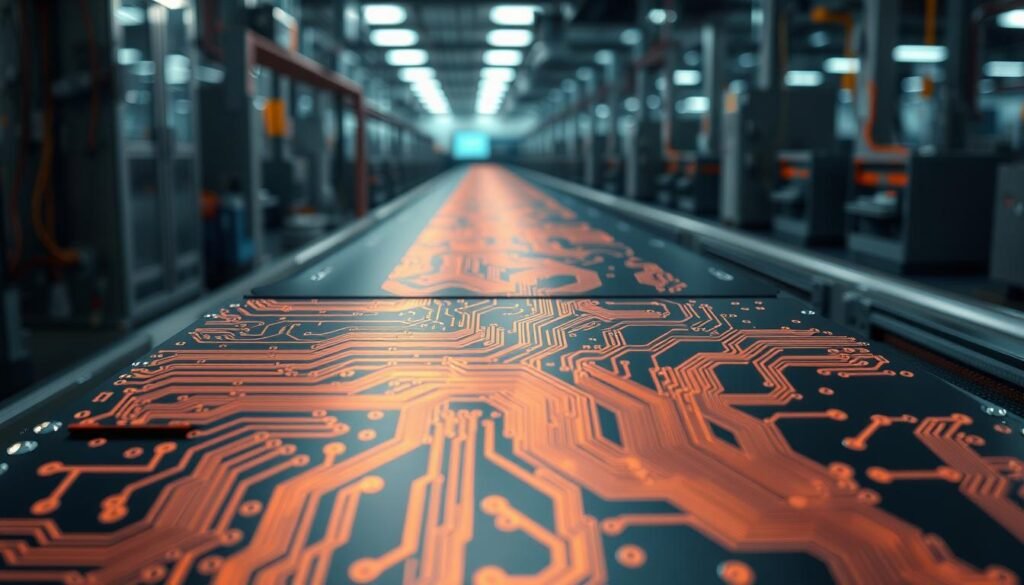 A meticulously designed printed circuit board, its intricate copper traces and vias visible under the warm glow of task lighting. The board's layout is optimized for cost-effective manufacturing, with thoughtfully placed components and efficient routing. In the foreground, a 3D render of the PCB showcases its sleek, minimalist aesthetic, while the background depicts a factory floor, hinting at the industrious process of PCBA production. The scene conveys a sense of engineering prowess and manufacturing efficiency, perfectly capturing the essence of "Design Strategies for Cost Efficiency in PCB Assembly."