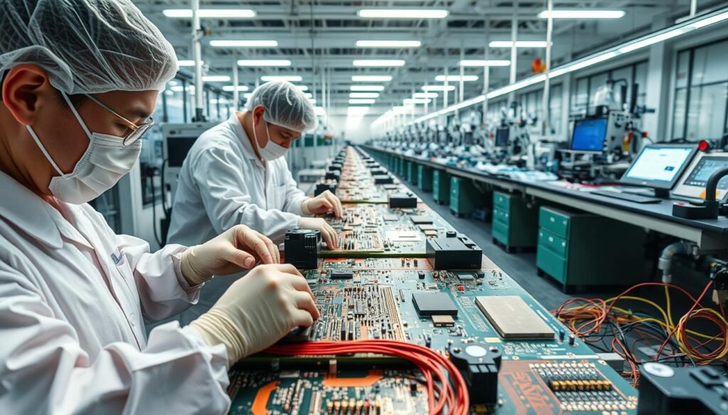 A meticulously detailed PCB assembly process, showcased under bright, crisp lighting. In the foreground, skilled technicians delicately place electronic components onto a circuit board, their movements precise and calculated. The middle ground reveals the array of specialized tools and equipment used in this intricate process, from pick-and-place machines to soldering stations. In the background, a clean, organized manufacturing environment sets the stage, with rows of workstations and a sense of order and efficiency. The scene conveys the importance of this critical step in electronics manufacturing, where attention to detail and technical expertise converge to create the foundation of a finished product.