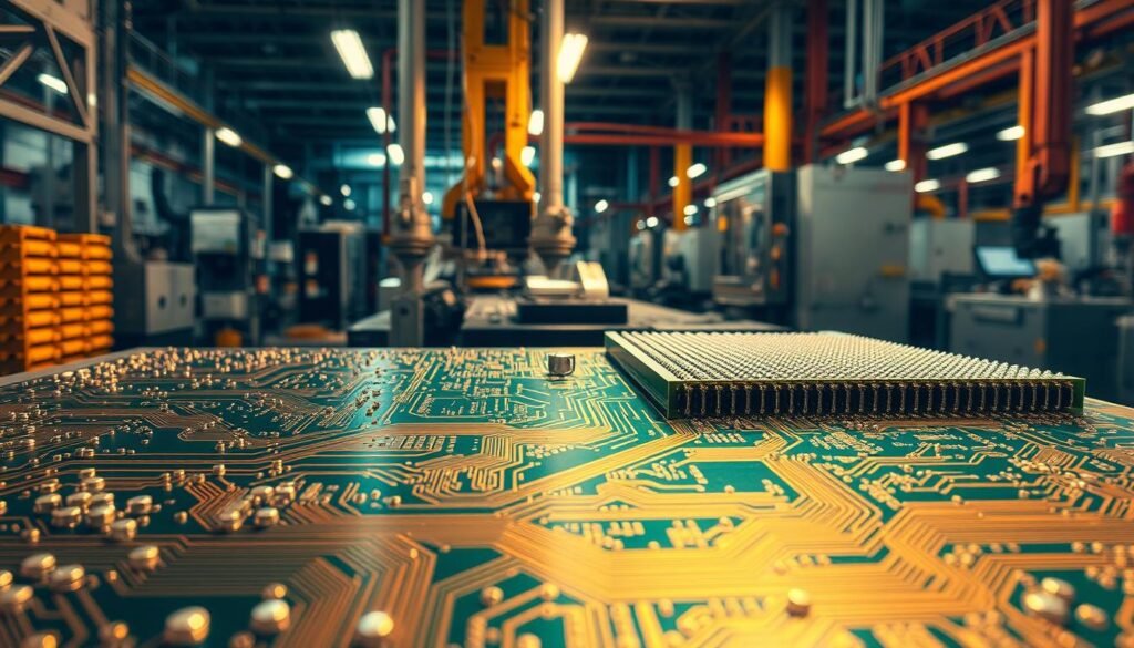 A meticulously detailed cross-section of a printed circuit board manufacturing facility, bathed in the warm glow of industrial lighting. In the foreground, intricate patterns of copper traces and vias emerge from the board's surface, highlighting the complexity of PCB design. The midground showcases the various stages of the manufacturing process, from solder mask application to component placement, while the background reveals the state-of-the-art machinery and specialized tools used to overcome common DFM challenges. The scene conveys a sense of precision, innovation, and the technical mastery required to produce high-quality PCBs.