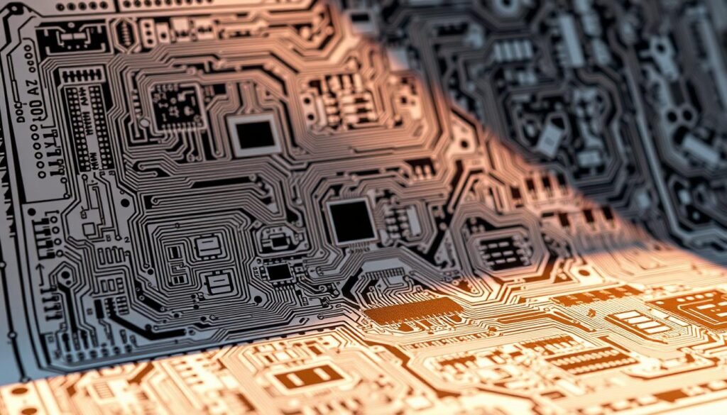 A meticulously detailed printed circuit board assembly (PCBA) file layout, showcasing intricate schematics, component placements, and copper trace patterns against a crisp, technical backdrop. The scene is bathed in warm, neutral lighting, casting subtle shadows that accentuate the layered complexity of the design. The overall composition conveys a sense of precision, functionality, and the engineering prowess required to bring electronic products to life. The image captures the essence of the "Top 5 Questions to Ask Before Placing a Turnkey PCBA Order" section, highlighting the technical considerations and attention to detail that go into successful PCBA development.
