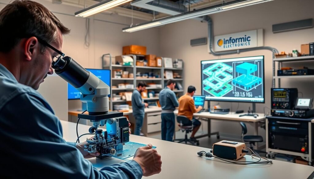 A meticulously detailed printed circuit board design validation process unfolds within a serene, well-lit engineering lab environment. In the foreground, a technician examines a prototype PCB under a high-resolution microscope, carefully inspecting for manufacturing defects. In the middle ground, a team of engineers gathered around a workbench, intently studying 3D PCB layout models projected on a large display. In the background, shelves filled with electronic components and test equipment, the Informic Electronics logo prominently displayed. The scene conveys a sense of precision, focus, and a commitment to quality assurance in the PCBA prototype to mass production journey.