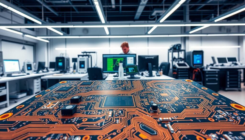 A modern PCB design laboratory with a focus on DFM integration. In the foreground, a complex multi-layer circuit board is displayed, showcasing intricate copper traces, vias, and component placements. The middle ground features an engineer meticulously analyzing the board's layout on a high-resolution computer display, surrounded by various test equipment and tools. The background depicts a sleek, well-lit workspace with sleek workstations, 3D printers, and other state-of-the-art PCB design and manufacturing technologies. The scene conveys a sense of precision, attention to detail, and a collaborative, forward-thinking approach to PCB design and manufacturability.