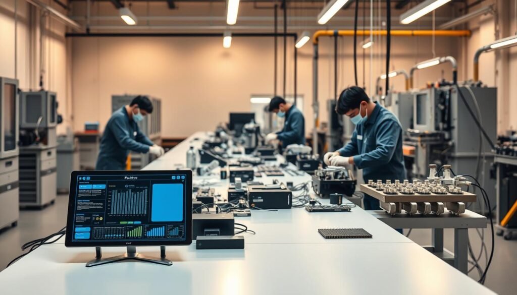 A modern and efficient PCB assembly line, with technicians meticulously assembling components on a sleek, minimalist workbench. In the foreground, a display showcases real-time project data, streamlining the management process. The middle ground features an array of specialized tools and equipment, while the background depicts a minimalist, well-lit industrial setting, conveying a sense of professionalism and expertise. Warm, directional lighting emphasizes the precision and organization of this turnkey PCB project management workflow, capturing the essence of a streamlined, technology-driven manufacturing process.