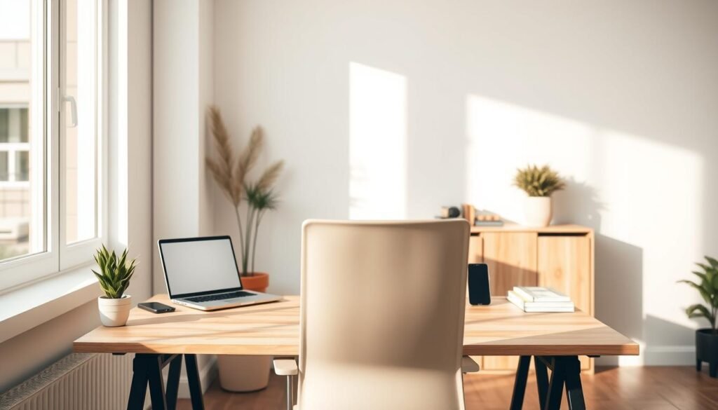 A modern and minimalist home office setup with a wooden desk, a laptop, a smartphone, and a potted plant. The room is bathed in soft, natural lighting from a large window, creating a serene and productive atmosphere. The desk is neatly organized, with a clean and uncluttered aesthetic, reflecting the efficiency and organization required for a successful dropshipping business. The middle ground features a sleek, minimalist office chair, while the background showcases a simple, yet stylish, room decor with neutral tones and minimal decorative elements, allowing the focus to remain on the essential business setup.