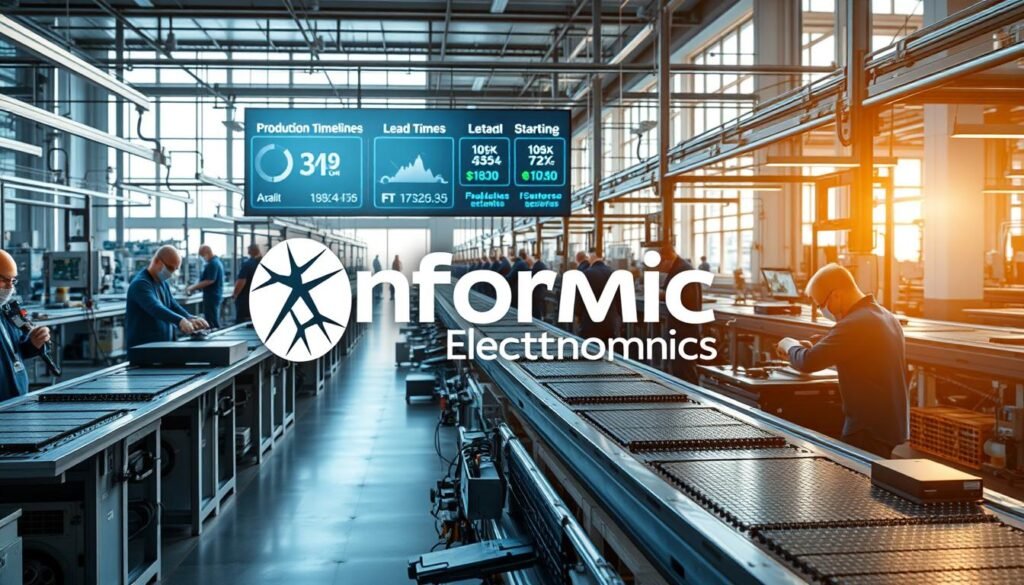 A modern electronics manufacturing facility, with rows of assembly lines and workers meticulously assembling circuit boards. The Informic Electronics logo prominently displayed in the foreground. Bright, natural lighting filters in through large windows, casting a warm, productive glow over the scene. Intricate details of the manufacturing process are visible - precise robotic arms, conveyor belts, and specialized tools. In the background, a digital display shows real-time data on production timelines and lead times, conveying the efficiency and responsiveness of the Informic Electronics operation. The overall atmosphere is one of technological sophistication, attention to detail, and a relentless focus on optimizing the manufacturing process.