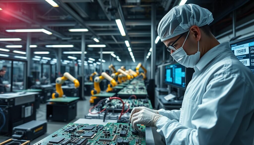 A modern electronics production facility, dimly lit with industrial lighting. In the foreground, a worker in a clean room uniform carefully inspects a printed circuit board, meticulously checking each component and solder joint. In the middle ground, rows of automated assembly stations, robotic arms precisely placing and soldering components. In the background, a wall-mounted touchscreen display tracks production metrics, barcodes, and serial numbers, monitoring the entire manufacturing process. The atmosphere is one of precision, control, and attention to detail - critical elements of maintaining traceability in PCBA manufacturing.