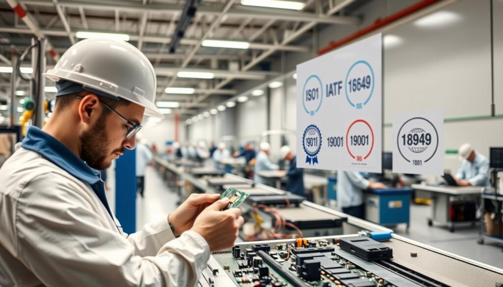 A modern manufacturing facility, with a focus on automotive PCBA production. In the foreground, an engineer inspects a circuit board, meticulously checking its compliance with IATF 16949 standards. The middle ground features a clean, well-lit assembly line, with workers diligently assembling components. In the background, a wall-mounted display showcases the ISO 9001 and IATF 16949 certifications, signifying the facility's commitment to quality and industry standards. The scene is bathed in a warm, industrial lighting, conveying a sense of precision, efficiency, and attention to detail.