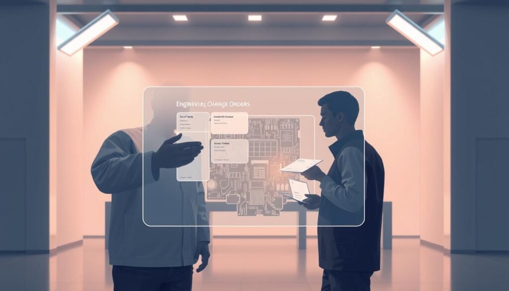 A modern, minimalist illustration of the design modification communication process. In the foreground, two engineers collaboratively reviewing engineering change orders on a sleek, holographic display. The middle ground features a 3D rendering of a printed circuit board, with highlighted areas indicating proposed design changes. The background showcases a clean, futuristic workspace with muted tones and subtle industrial textures. Soft, directional lighting casts a warm, technical glow, emphasizing the collaborative, data-driven nature of the scene. The overall mood is one of efficient, streamlined communication within the engineering design workflow.