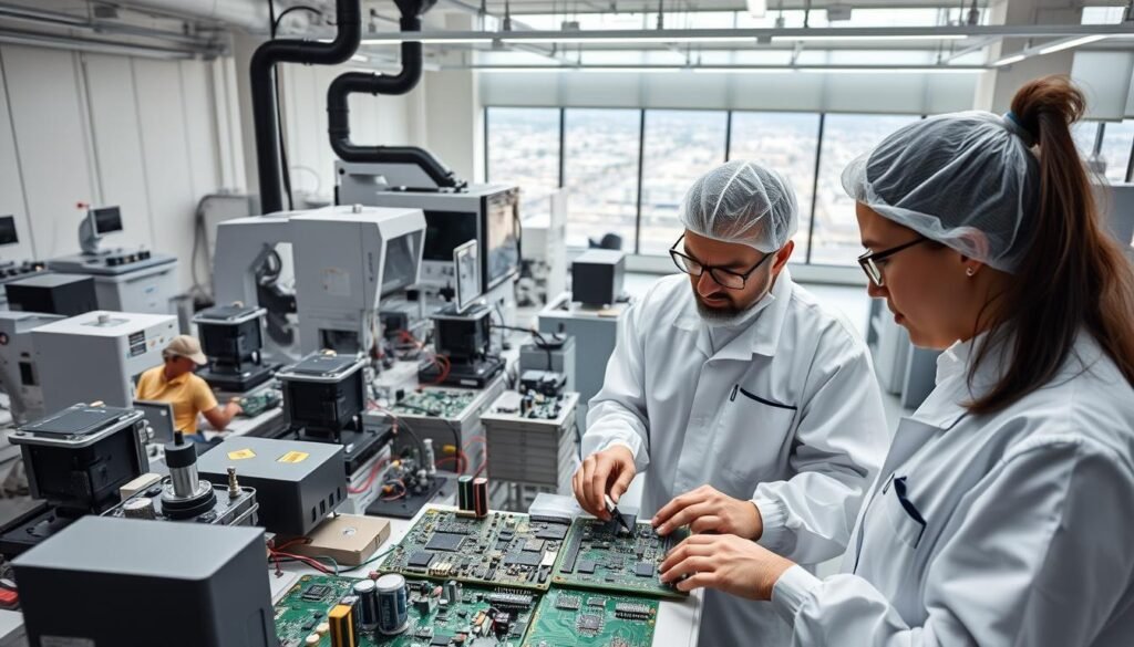 A modern, well-equipped PCB assembly workshop with technicians meticulously inspecting circuit boards. In the foreground, a pair of engineers in clean room attire thoroughly examining a complex multi-layer PCB, discussing component placement and soldering quality. The middle ground showcases state-of-the-art assembly equipment like pick-and-place machines, reflow ovens, and automated testing stations, all operating with precision. In the background, a sleek, minimalist office space where business decisions are made, with large windows overlooking a bustling industrial park. The overall atmosphere conveys a sense of professionalism, technological expertise, and a commitment to delivering high-quality PCBA services.