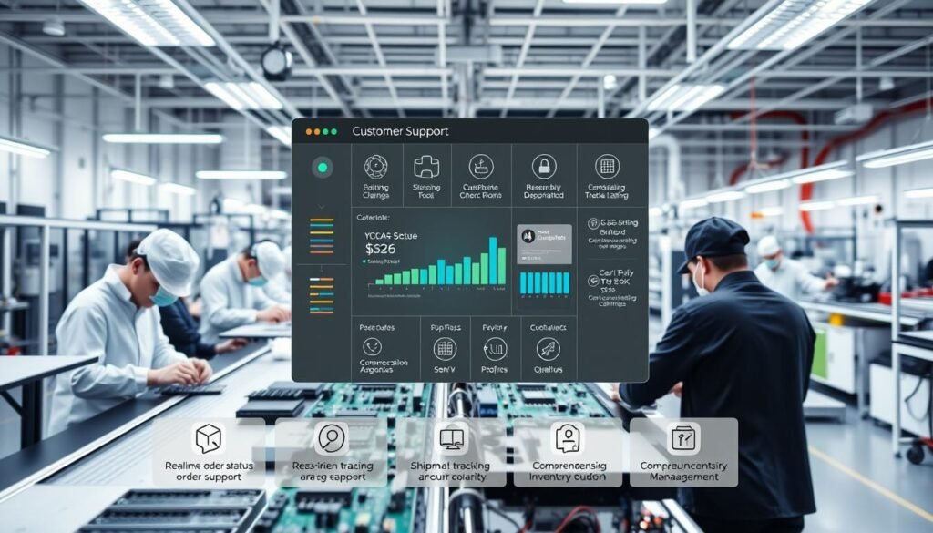 A modern, well-lit PCBA assembly line showcasing the manufacturer's customer support features. In the foreground, a team of technicians diligently inspect and test circuit boards, ensuring quality and responsiveness. In the middle ground, a sleek, interactive dashboard displays real-time order status, shipment tracking, and communication channels for clients. The background reveals a state-of-the-art facility with clean rooms, automated assembly stations, and a comprehensive inventory management system. The overall scene conveys a sense of efficiency, transparency, and a commitment to providing exceptional customer service in the PCBA manufacturing industry.