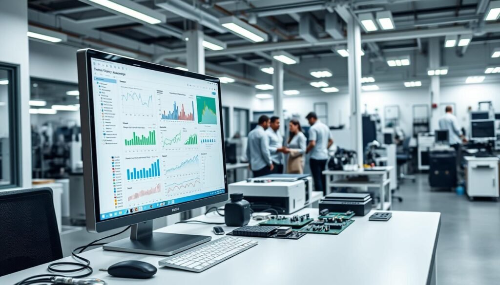 A modern, well-lit office setting with a centralized workstation showcasing a comprehensive turnkey PCBA management system. The foreground features a sleek, minimalist computer monitor displaying real-time data and metrics related to the PCBA assembly process. On the desk, neatly organized components, tools, and sample boards suggest a streamlined workflow. The middle ground showcases a team of engineers collaborating around the workstation, emphasizing the collaborative nature of the turnkey solution. The background depicts a clean, organized manufacturing environment with state-of-the-art equipment, conveying a sense of efficiency and professionalism.