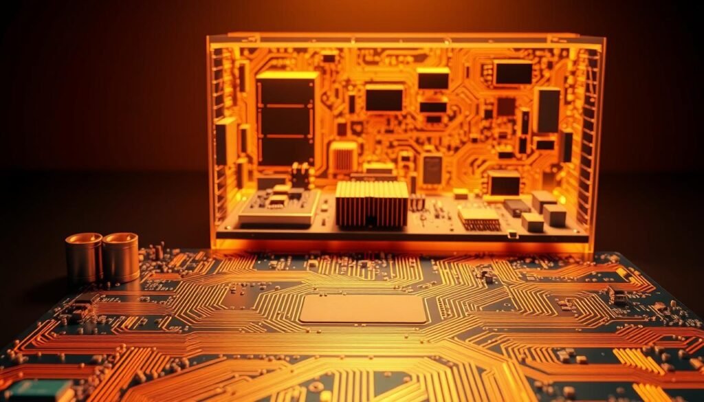 A multi-layered PCB design showcasing innovative thermal management techniques. In the foreground, intricate copper traces and vias strategically positioned to efficiently dissipate heat. In the middle ground, a complex layout of high-power components and thermal management features such as heat sinks and thermal pads. The background depicts a sophisticated 3D rendering of the PCB's internal structure, highlighting the thermal simulation and analysis that guided the design. Warm, golden hues and dramatic lighting create a sense of technical sophistication, while the overall composition emphasizes the engineering prowess required to build high-power PCBAs for EV charging stations.