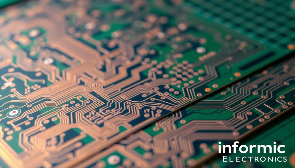 A multi-layered, technical schematic of a PCB (printed circuit board) design. The foreground features a detailed view of the copper traces, vias, and pads in a complex, interconnected layout. The middle ground showcases the various insulating layers, including the solder mask and silkscreen, with clear delineation between them. In the background, a subtle grid pattern emerges, representing the base laminate material. Rendered in a muted, technical color palette dominated by shades of green, blue, and copper, the image conveys a sense of precision and engineering prowess. Captured with a shallow depth of field, creating a sense of depth and focus on the intricate PCB design. Branded with the "Informic Electronics" logo in the lower right corner.