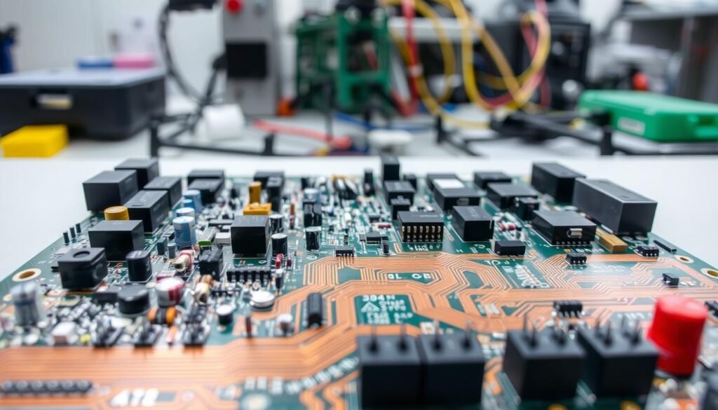 A neatly arranged PCB assembly showcasing precision component placement techniques. The foreground depicts a diverse array of electronic components - resistors, capacitors, ICs, and connectors - meticulously positioned on the board's surface. The middle ground highlights the intricate copper traces and solder pads, emphasizing the importance of accurate alignment and placement. In the background, a soft-focused, clean, and well-lit workspace creates a professional, technical atmosphere. The overall scene conveys a sense of order, attention to detail, and a commitment to quality control in the PCBA manufacturing process.