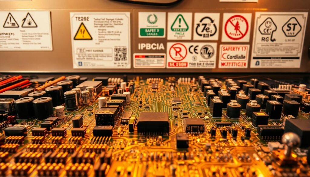 A neatly arranged array of electronic components and circuit boards, bathed in warm, directional lighting. In the foreground, precise resistors, capacitors, and integrated circuits align in perfect order, conveying a sense of technical rigor and compliance. The middle ground showcases a printed circuit board, its copper traces and solder joints gleaming under the careful illumination, symbolizing the importance of quality control. In the background, various safety and certification labels are visible, underscoring the regulatory standards that govern the manufacturing process. The overall scene radiates a professional, detail-oriented atmosphere, reflecting the need for traceability and accountability in PCBA production.