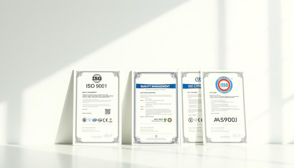 A neatly arranged display of various quality management certifications, including ISO 9001, ISO 13485, IATF 16949, and AS9100, against a clean, minimalist background. The certifications are showcased with a sense of precision and professionalism, conveying the company's commitment to quality and excellence. Soft, directional lighting from the left casts subtle shadows, adding depth and a subtle sense of sophistication. The overall composition is balanced and visually appealing, emphasizing the importance of these certifications in the context of a reliable PCBA partner.