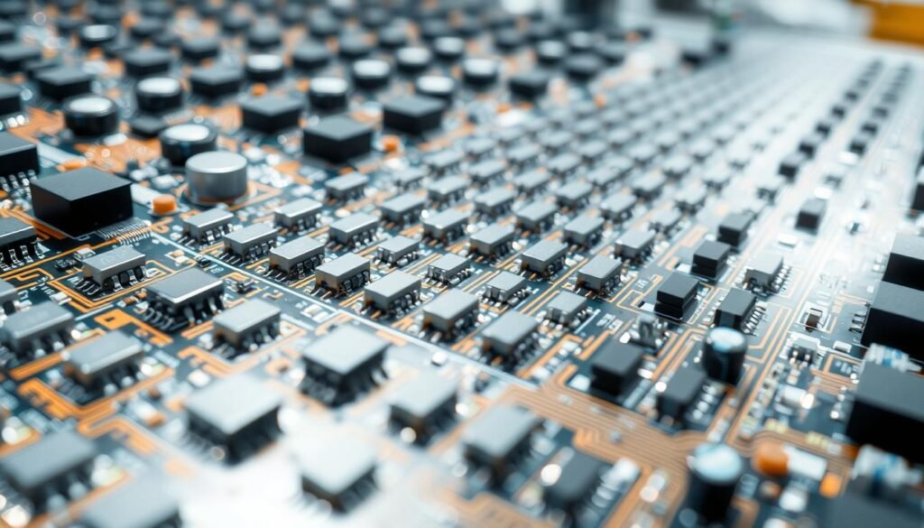 A neatly arranged electronic circuit board, showcasing the intricate surface mount technology (SMT) components. The foreground displays a close-up view of the tightly packed SMT resistors, capacitors, and integrated circuits, their metallic leads soldered onto the board's copper traces. In the middle ground, a pattern of precisely placed SMT components forms a visually captivating grid, hinting at the complexity and density of modern PCBA design. The background depicts a clean, well-lit manufacturing environment, with soft shadows and highlights accentuating the board's contours and the sheen of the metallic components. The overall scene conveys the precision, efficiency, and advanced engineering behind surface mount technology in PCBA production.