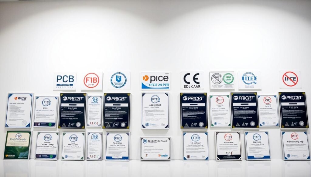 A neatly organized display of various PCB certification standards and logos against a clean, minimalist background. The certifications are presented in a grid layout, each with a clear and concise label. The lighting is soft and diffused, creating a professional and authoritative atmosphere. The camera angle is slightly elevated, giving a sense of comprehensive overview. The overall composition conveys the importance and significance of industry-recognized PCB quality and compliance standards.