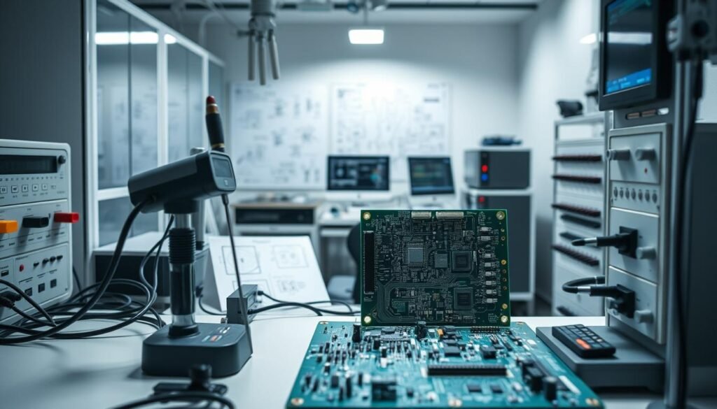 A neatly organized electronics lab, with a state-of-the-art in-circuit testing workstation in the foreground. Sleek instruments and probes stand ready, while a complex printed circuit board is meticulously analyzed under bright, directional lighting. In the middle ground, technical diagrams and schematics provide context, hinting at the advantages and limitations of this precise testing method. The background is slightly blurred, conveying a sense of focus and attention to detail, crucial for ensuring the quality and reliability of the electronic assembly.