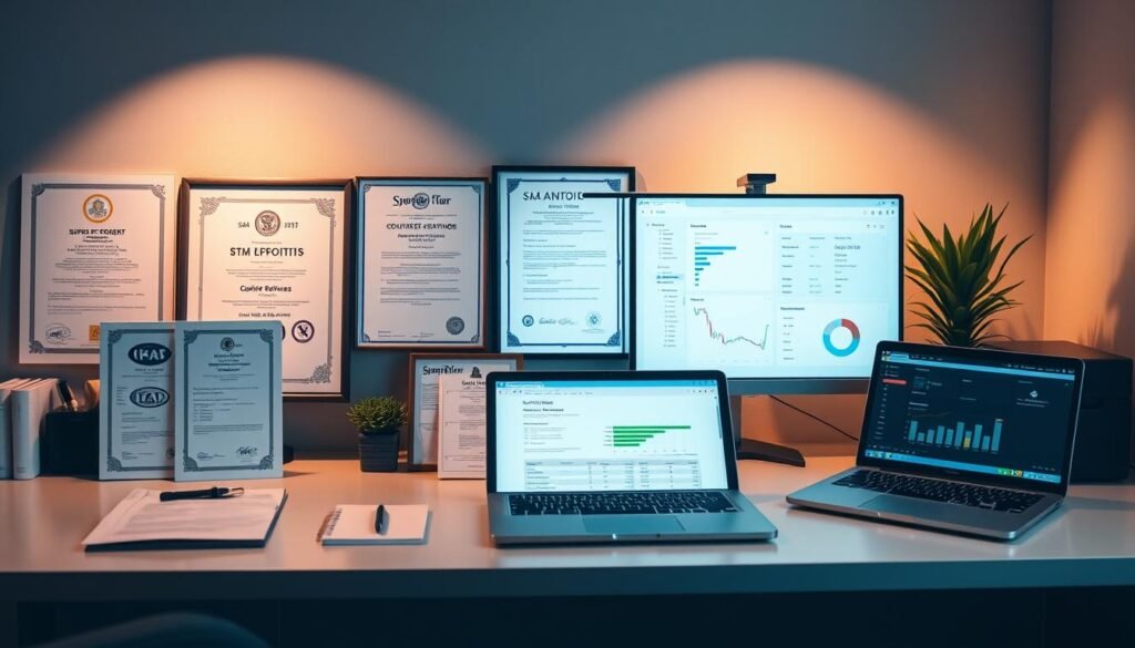 A neatly organized office desk displaying an assortment of supplier certification documents, customer reviews, and a laptop displaying a dashboard of analytics. The desk is well-lit, with soft, directional lighting casting a warm glow across the scene. The documents are arranged in a visually appealing manner, showcasing their importance and credibility. The laptop screen provides a digital counterpart, highlighting key performance metrics and customer feedback. The overall atmosphere conveys a sense of professionalism, attention to detail, and a commitment to quality assurance in the PCBA sourcing process.