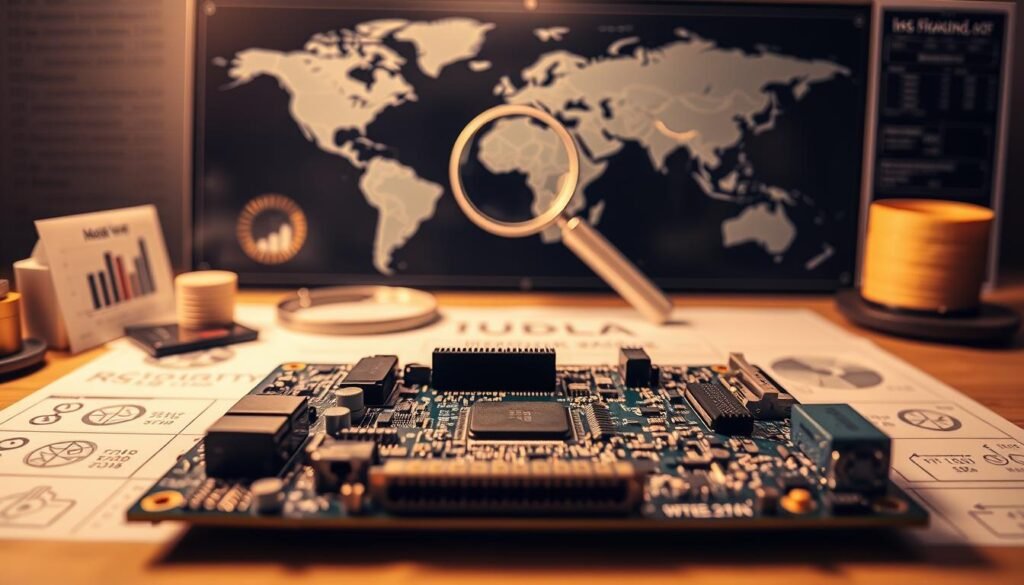A neatly organized printed circuit board assembly (PCBA) lies in the foreground, surrounded by a grid of financial data and risk assessment icons. In the middle ground, a magnifying glass and calculator symbolize the evaluation process. The background depicts a world map, conveying the global supply chain and import/export considerations. Warm lighting creates a pensive, analytical atmosphere, while a shallow depth of field draws the viewer's attention to the PCBA itself - the focal point of the "Risk, Insurance, and Overhead Considerations" section.