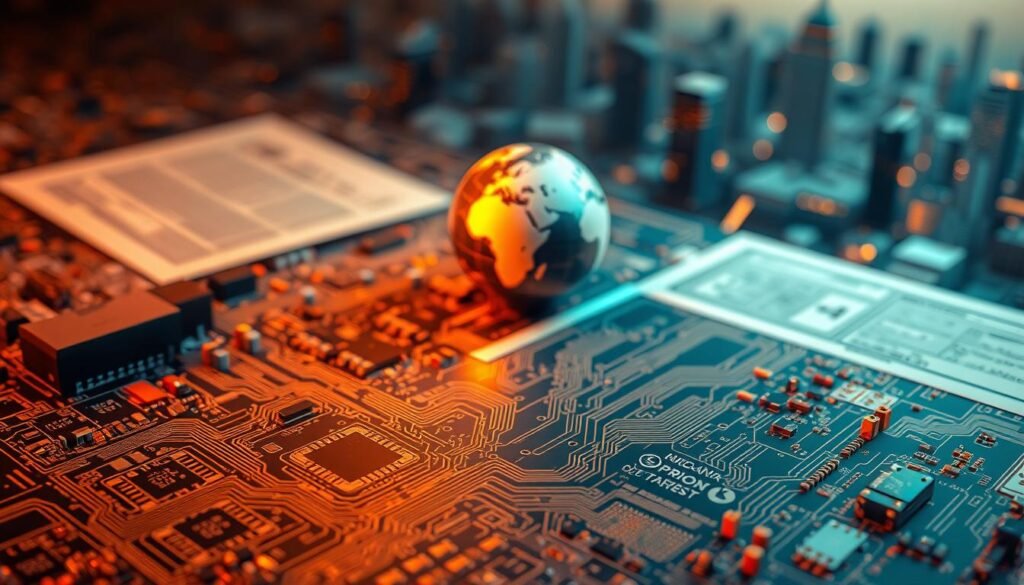 A neatly organized printed circuit board layout, its intricate copper traces and solder pads illuminated by warm, directional lighting. In the foreground, official-looking documents and stamps representing tariff regulations and compliance requirements. The middle ground features a 3D-rendered globe, symbolizing the global nature of PCB logistics and trade. The background depicts a stylized cityscape, hinting at the complex legal and logistical landscape companies must navigate when shipping PCBAs internationally. The overall mood is one of careful attention to detail and a sense of navigating the challenges of international trade.