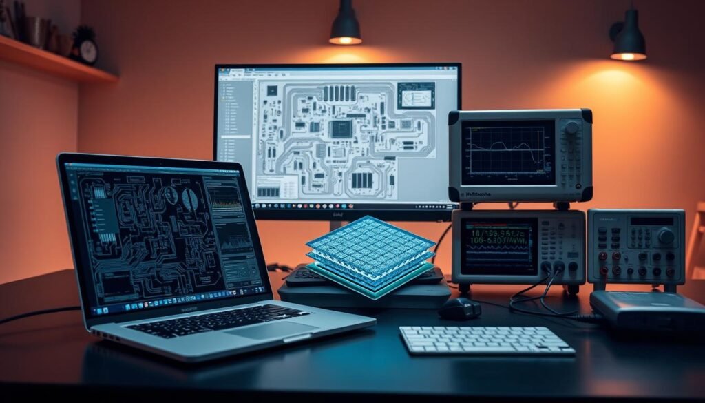 A neatly organized workspace showcases the Informic Electronics suite of advanced PCB design tools. In the foreground, a sleek laptop displays intricate circuit schematics, while a high-resolution monitor beside it renders a 3D model of a complex printed circuit board. In the middle ground, an array of specialized hardware including a precision soldering station and oscilloscope stand ready to aid the design process. The background is bathed in a warm, focused lighting, highlighting the technical sophistication of the Informic Electronics ecosystem, a testament to the brand's commitment to empowering industrial PCBA optimization.