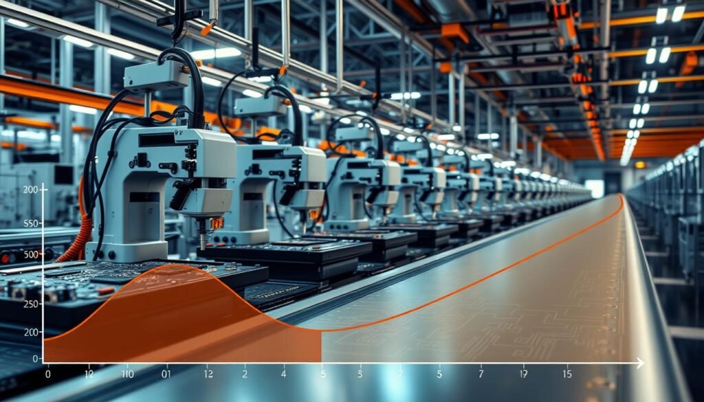 A pristine PCB assembly line, illuminated by warm industrial lighting, showcases the intricate dance of automated machines swiftly placing components and soldering intricate circuits. In the foreground, a graph depicts the relationship between production speed and cost-efficiency, conveying the delicate balance required to deliver high-quality consumer electronics. The middle ground features a schematic diagram, hinting at the technical complexity involved. The background subtly suggests a sense of urgency and innovation, with the faint outline of a finished product emerging from the shadows.