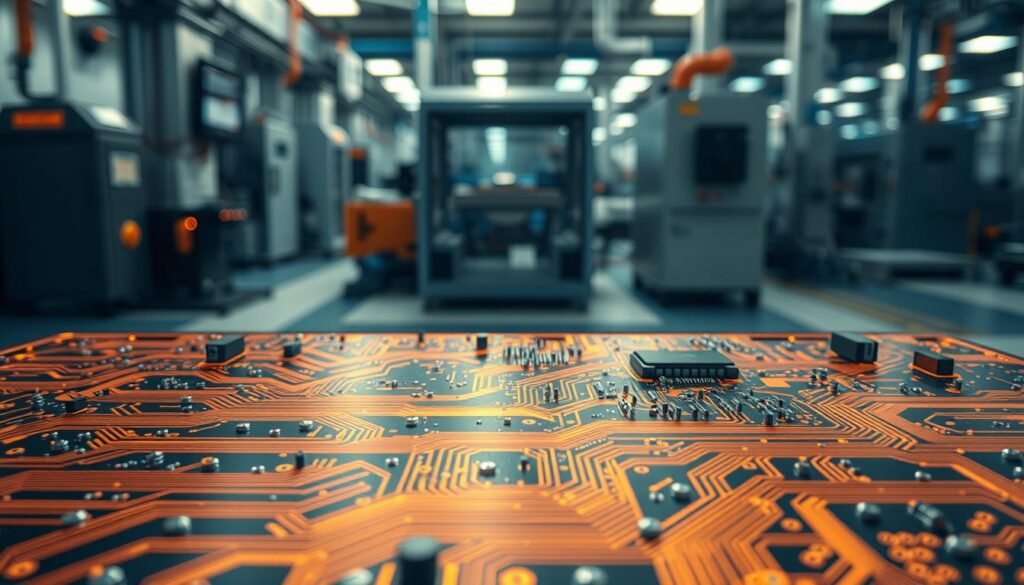 A pristine PCB substrate with innovative conductive materials and interconnects, bathed in warm, diffused lighting. In the foreground, intricate patterns of copper traces and vias weave a complex web. The middle ground showcases advanced components like ultra-thin film capacitors and miniaturized integrated circuits. In the background, a blurred vista of sophisticated manufacturing equipment hints at the precise processes required to produce these cutting-edge PCB innovations. The overall scene conveys a sense of technological progress, precision engineering, and the relentless pursuit of greater functionality within ever-shrinking form factors.