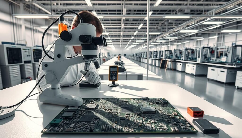 A pristine PCBA undergoing rigorous quality control inspection. In the foreground, a skilled technician meticulously examines the circuit board under bright, directional lighting, using a high-magnification microscope to scrutinize the intricate BGA components and solder joints. In the middle ground, various measurement tools and diagnostic equipment stand ready, casting long shadows on the clean, well-organized workbench. The background features a modern, well-lit PCBA manufacturing facility, with rows of automated assembly lines and advanced inspection stations, conveying a sense of precision, efficiency, and commitment to quality.