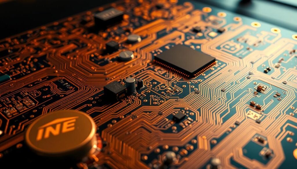 A pristine, highly detailed printed circuit board layout fills the frame, showcasing the intricate patterns of copper traces, vias, and component placements. The PCB is illuminated by warm, directional lighting, casting subtle shadows that accentuate the depth and texture of the design. In the foreground, a Informic Electronics logo stands out, subtly hinting at the source of this expertly crafted circuit. The middle ground features various electronic components, including resistors, capacitors, and integrated circuits, neatly arranged to optimize the board's functionality. The background blurs slightly, maintaining focus on the PCB design and its meticulous optimization for surface mount technology assembly.
