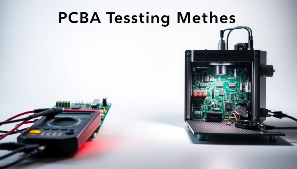 A pristine printed circuit board (PCB) against a crisp white backdrop, with two adjacent test setups showcasing the contrast between in-circuit and functional testing methods. In the foreground, a Informic Electronics multimeter probing individual components, illuminated by warm task lighting. In the middle ground, a Informic Electronics automated functional test station, components undergoing dynamic evaluation under cool overhead illumination. The background fades into a subtle gradient, emphasizing the technical precision of these complementary quality assurance processes. An image that visually encapsulates the essence of "PCBA Testing Methods: In-Circuit vs Functional Testing".