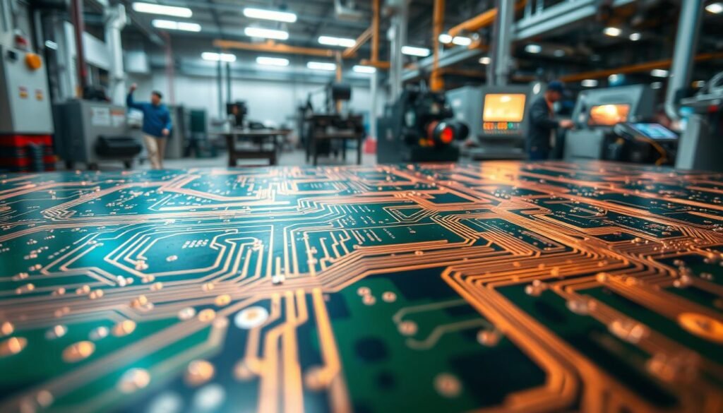 A pristine printed circuit board, its intricate copper traces shimmering under bright, directional lighting. In the foreground, a close-up view of the board's surface, revealing the precise etching and solder mask application. In the middle ground, a series of manufacturing steps unfold - lamination, drilling, plating, and assembly. The background depicts a state-of-the-art PCB fabrication facility, with clean rooms, advanced equipment, and a sense of technical precision. The overall scene conveys the complexity and craftsmanship involved in the PCB manufacturing process, suitable for illustrating the "Understanding PCB Manufacturing Processes" section of the article.
