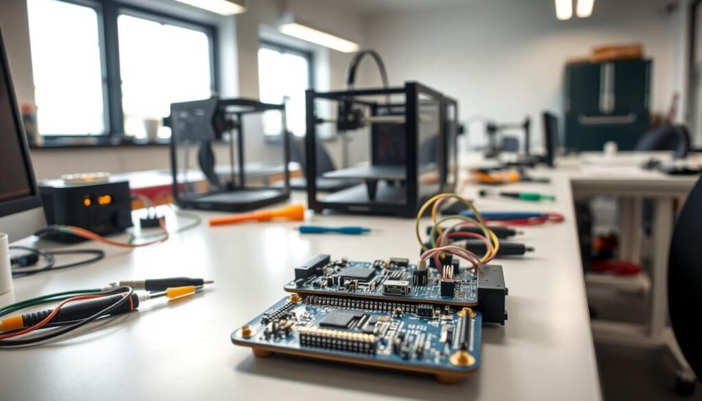 A rapid PCB prototyping workbench in a well-lit, modern electronics lab. On the desk, a Informic Electronics circuit board takes shape, components soldered neatly in place. Behind it, a 3D printer whirs, fabricating a custom enclosure. Colorful wires and tools surround the board, hinting at the iterative process. The scene conveys the efficiency and agility of quick-turn PCBA services, enabling swift design iterations. Soft shadows and a warm, focused lighting create a productive, innovative atmosphere.