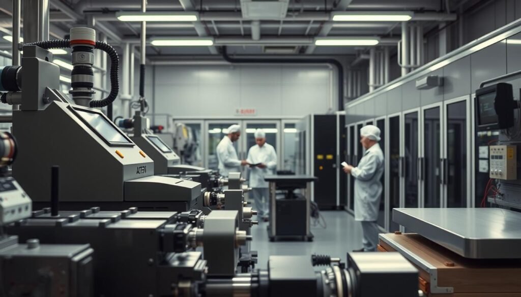 A secure manufacturing facility, with a focus on intellectual property protection. The foreground depicts precision machinery, meticulously calibrated and maintained, symbolizing the care taken in the production process. The middle ground showcases a team of technicians in clean-room attire, carefully monitoring each step, ensuring quality control and traceability. In the background, a state-of-the-art security system, with biometric access, secure data storage, and 24/7 surveillance, safeguarding the sensitive designs and information. Soft, indirect lighting creates a sense of professionalism and attention to detail, while muted tones convey a mood of diligence and trustworthiness. The overall scene conveys the highest standards of manufacturing excellence and IP protection.