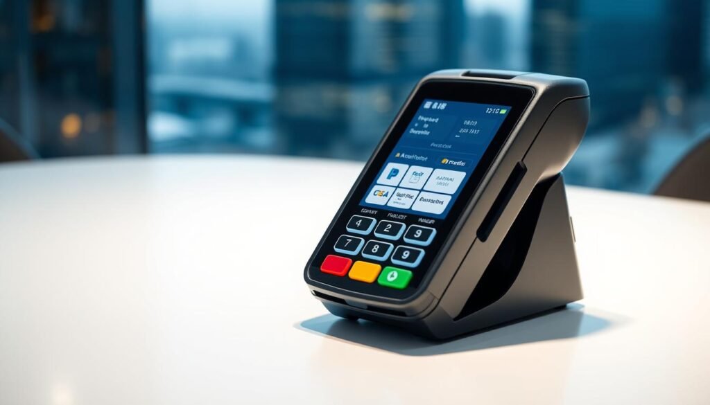 A secure payment terminal with a sleek, modern design sits on a clean, minimalist table. The display shows various payment options, including credit/debit cards, mobile wallets, and bank transfers. The terminal is illuminated by soft, diffused lighting, creating a sense of professionalism and trust. In the background, a blurred cityscape suggests an international business setting. The composition conveys a streamlined, efficient, and secure payment experience for electronics manufacturing transactions.