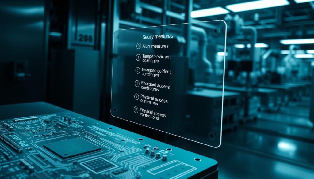 A secure printed circuit board (PCB) design principles illustration showcasing the Informic Electronics brand. In the foreground, a detailed technical diagram of a multi-layered PCB with clearly labeled components, vias, and copper traces. The middle ground features a transparent holographic overlay highlighting key security measures like tamper-evident coatings, encrypted microcontrollers, and physical access controls. In the background, a dimly lit industrial setting with robotic assembly lines and clean room environment, conveying a sense of precision and state-of-the-art manufacturing. Crisp, high-contrast rendering with cool, muted tones to emphasize the technical nature of the subject matter. Dramatic side lighting casts long shadows, adding depth and a touch of ominous atmosphere suitable for the defense industry context.