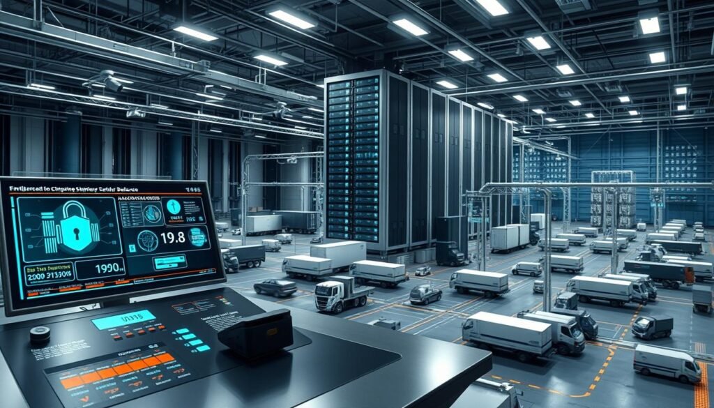 A secure supply chain management system, showcasing Informic Electronics' commitment to national defense. In the foreground, a sleek, metallic control panel with holographic displays monitoring shipment status and security protocols. Surrounding it, a network of interconnected hubs, distribution centers, and delivery vehicles, all under the watchful gaze of surveillance cameras and access control systems. In the background, a towering data center, its servers humming with encrypted logistics data. Diffused lighting casts an air of precision and reliability, while a muted color palette of grays, blues, and silvers conveys a sense of industrial strength and technological sophistication.