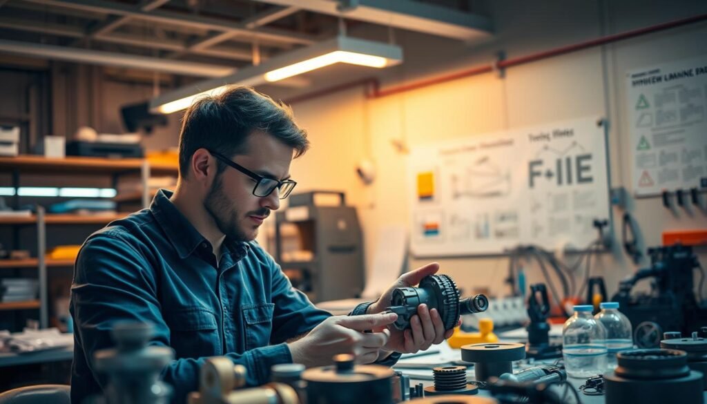 A serene engineering lab, bathed in warm, focused lighting. In the foreground, an engineer meticulously examines a mechanical part, their DFM mindset evident in their studied expression. Surrounding them, a blend of CAD models, prototypes, and tools - a tangible manifestation of the iterative, detail-oriented process of Design for Manufacturability. In the background, a wall-mounted display showcases design principles and guidelines, guiding the engineer's approach. An atmosphere of quiet concentration, where innovative thinking and practical considerations converge to optimize product design.