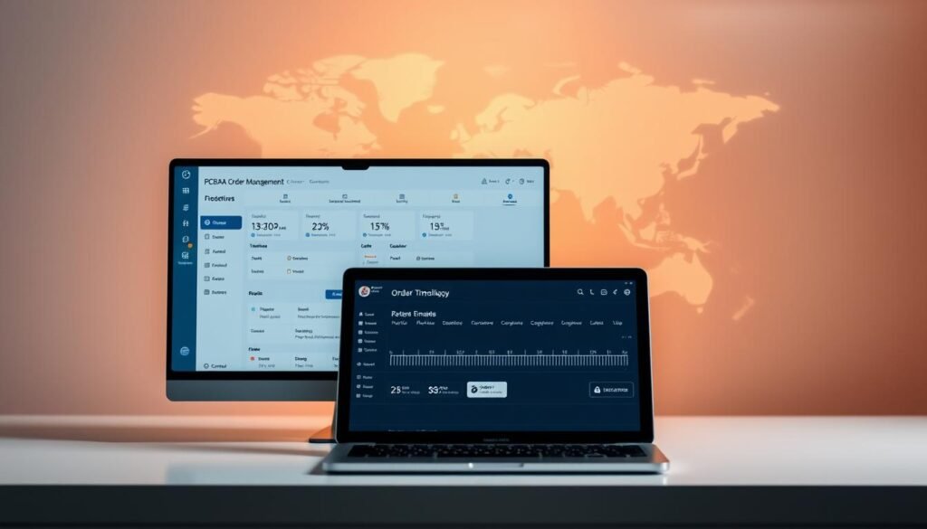 A sleek and modern PCBA order management system displayed on a minimalist workspace. In the foreground, a laptop screen showcases an intuitive user interface with clean lines, intuitive menus, and real-time order tracking. The middle ground features a tablet displaying a detailed order timeline, highlighting key milestones and lead time estimates. In the background, a stylized world map subtly suggests the global nature of PCBA procurement, illuminated by warm, directional lighting that creates a sense of efficiency and professionalism. The overall composition conveys a streamlined, technology-driven order management experience.