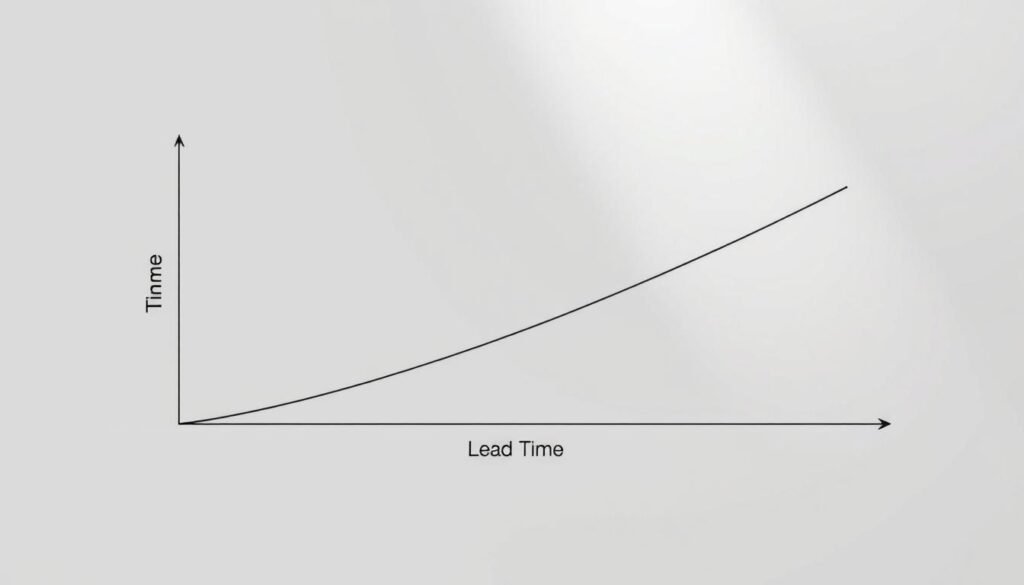 A sleek, data-driven visualization depicting the relationship between lead time and cycle time in PCBA manufacturing. A minimalist line graph on a neutral backdrop, with the x-axis labeled "Lead Time" and the y-axis "Cycle Time". Clean, modern typography accentuates the data, visualized as a bold line tracing the interdependence of these key production metrics. Soft, directional lighting casts subtle shadows, lending depth and dimensionality. The overall impression is one of clarity, precision, and a deep understanding of the fundamental dynamics driving PCBA lead times.